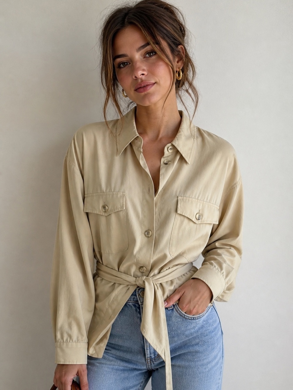 Liz Claiborne Large Safari SILK Shirt Jacket Yellow Belted Utility Button Up Top